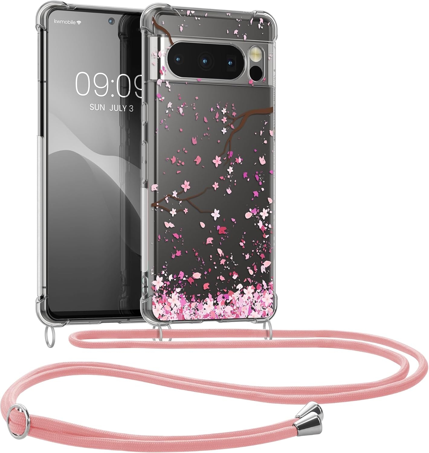 Θήκη Google Pixel 8 Pro - KWmobile Crystal TPU Necklace Διάφανη Σιλικόνης με Λουράκι Λαιμού - Cherry Blossoms / Cherry Petals / Pink / Dark Brown / Transparent