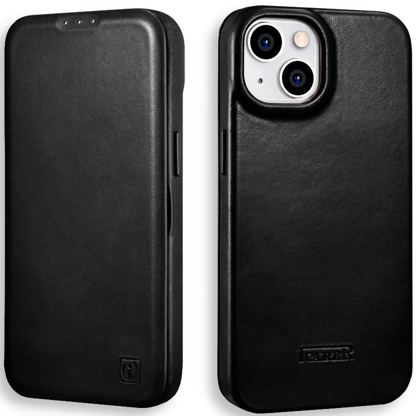 Θήκη iPhone 14 iCarer Curved Edge Leather Folio with Magsafe Δερμάτινη Flip με MagSafe Black