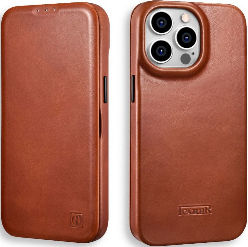 Θήκη iPhone 14 Pro Max iCarer Curved Edge Leather Folio with Magsafe Δερμάτινη Flip με MagSafe Brown
