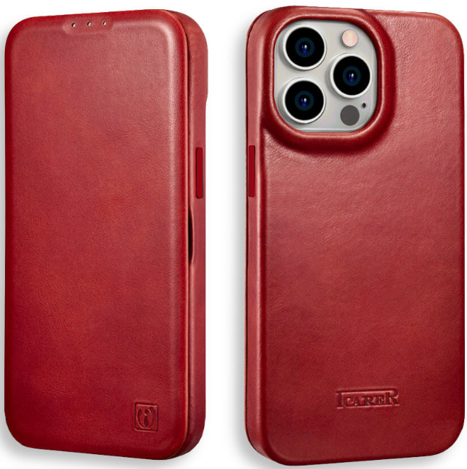 Θήκη iPhone 14 Pro Max iCarer Curved Edge Leather Folio with Magsafe Δερμάτινη Flip με MagSafe Red