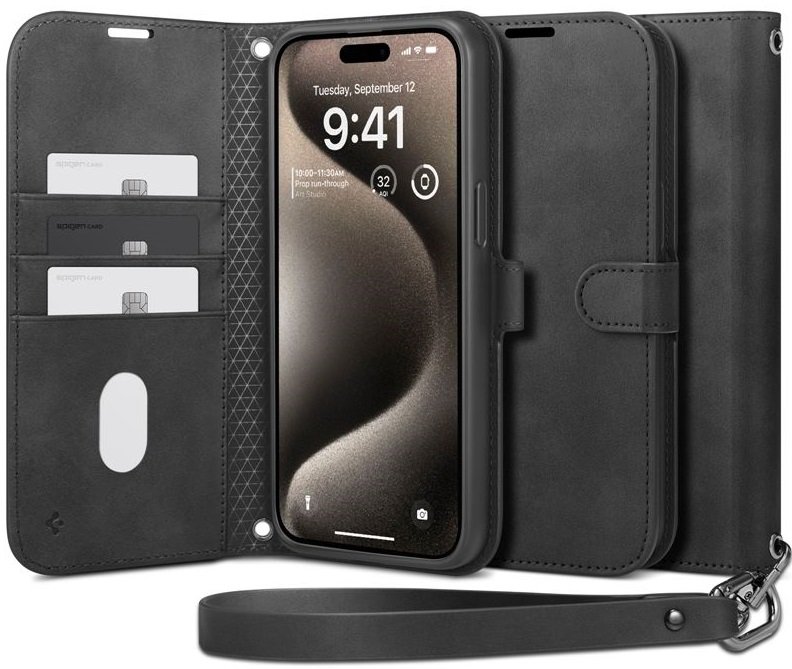 Θήκη iPhone 15 Pro Max Spigen Wallet S Pro Ανθεκτικό Πορτοφόλι με Αποσπώμενο Λουράκι Χειρός / Λαιμού Black