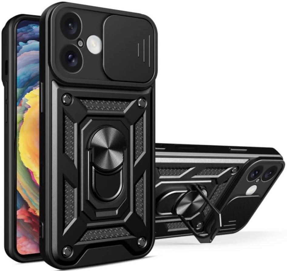 Θήκη iPhone 16 Bodycell Armor Slide Ανθεκτική με Κάλυμμα για την Κάμερα & Μεταλλικό Ring Holder Black