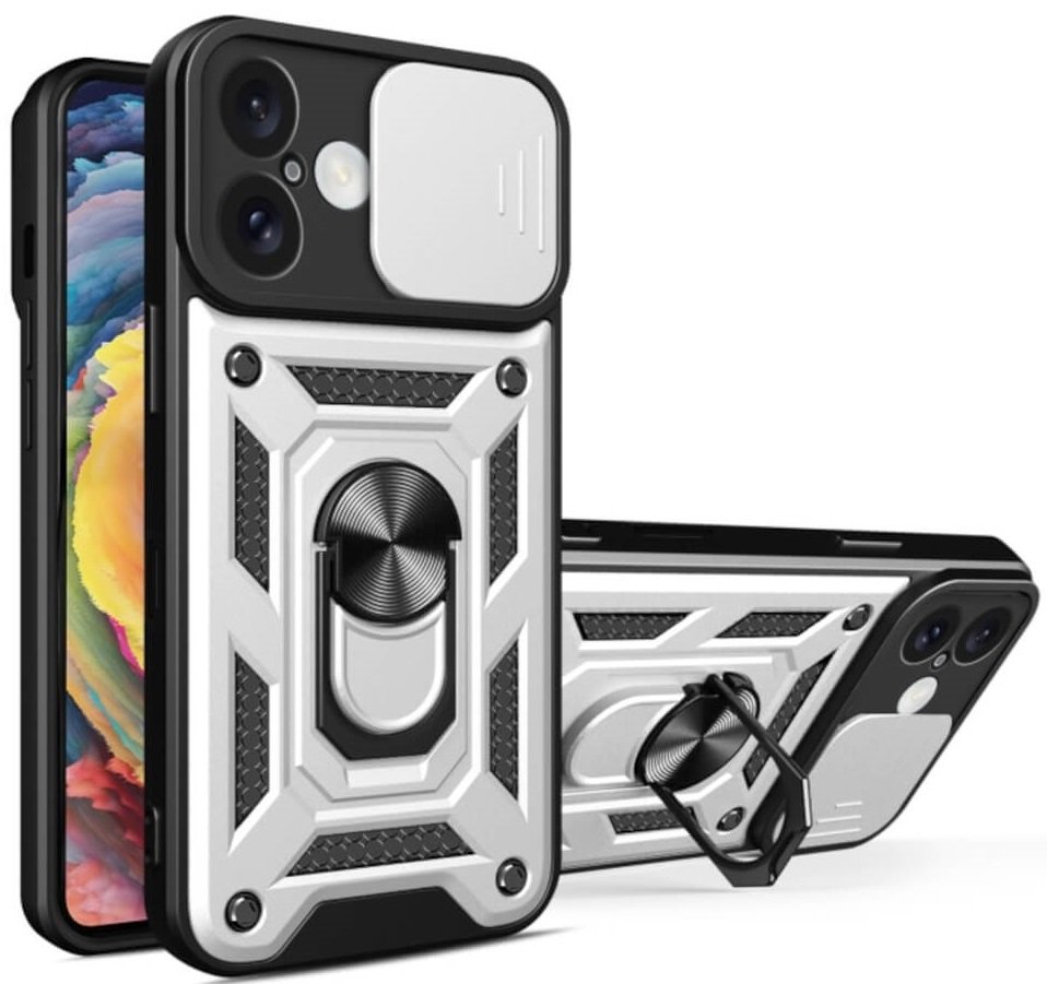 Θήκη iPhone 16 Bodycell Armor Slide Ανθεκτική με Κάλυμμα για την Κάμερα & Μεταλλικό Ring Holder Silver