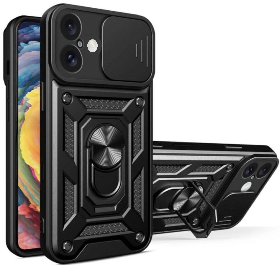 Θήκη iPhone 16 Plus Bodycell Armor Slide Ανθεκτική με Κάλυμμα για την Κάμερα & Μεταλλικό Ring Holder Black