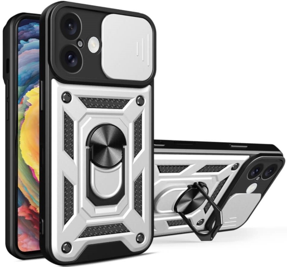 Θήκη iPhone 16 Plus Bodycell Armor Slide Ανθεκτική με Κάλυμμα για την Κάμερα & Μεταλλικό Ring Holder - Silver (5206015079054)
