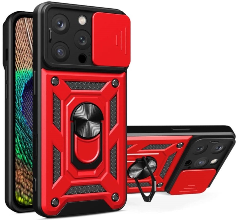 Θήκη iPhone 16 Pro Bodycell Armor Slide Ανθεκτική με Κάλυμμα για την Κάμερα & Μεταλλικό Ring Holder Red