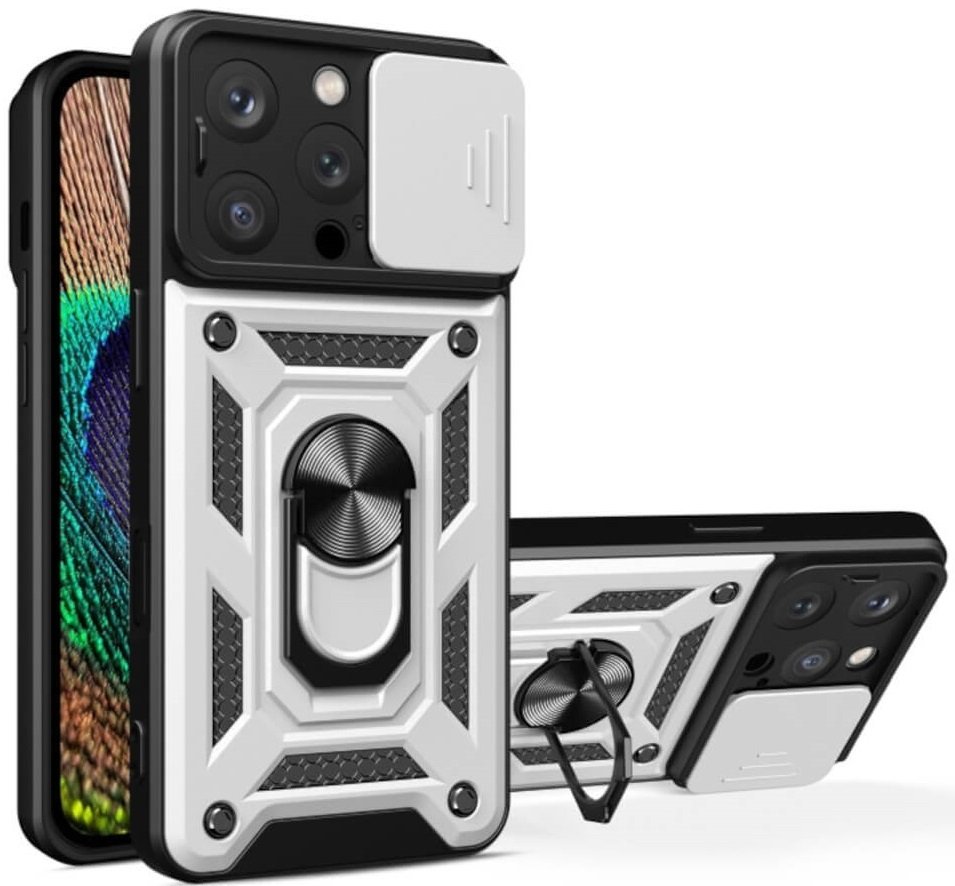 Θήκη iPhone 16 Pro Bodycell Armor Slide Ανθεκτική με Κάλυμμα για την Κάμερα & Μεταλλικό Ring Holder Silver