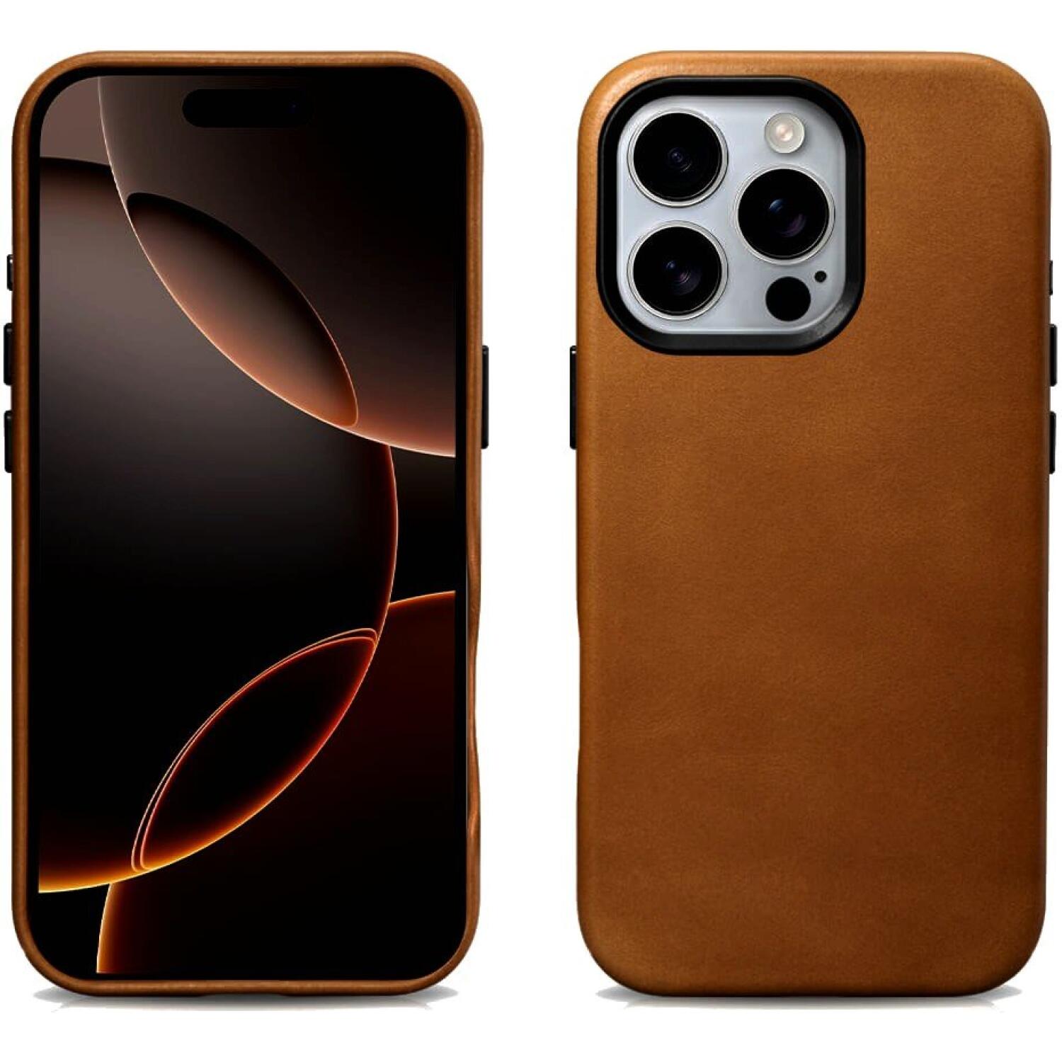 Θήκη iPhone 16 Pro iCarer Leather Back Case With Camera Button Δερμάτινη με MagSafe & Μεταλλικό Πλαίσιο Κάμερας Camel Tan
