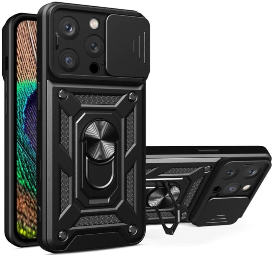 Θήκη iPhone 16 Pro Max Bodycell Armor Slide Ανθεκτική με Κάλυμμα για την Κάμερα & Μεταλλικό Ring Holder - Black (5206015080074)