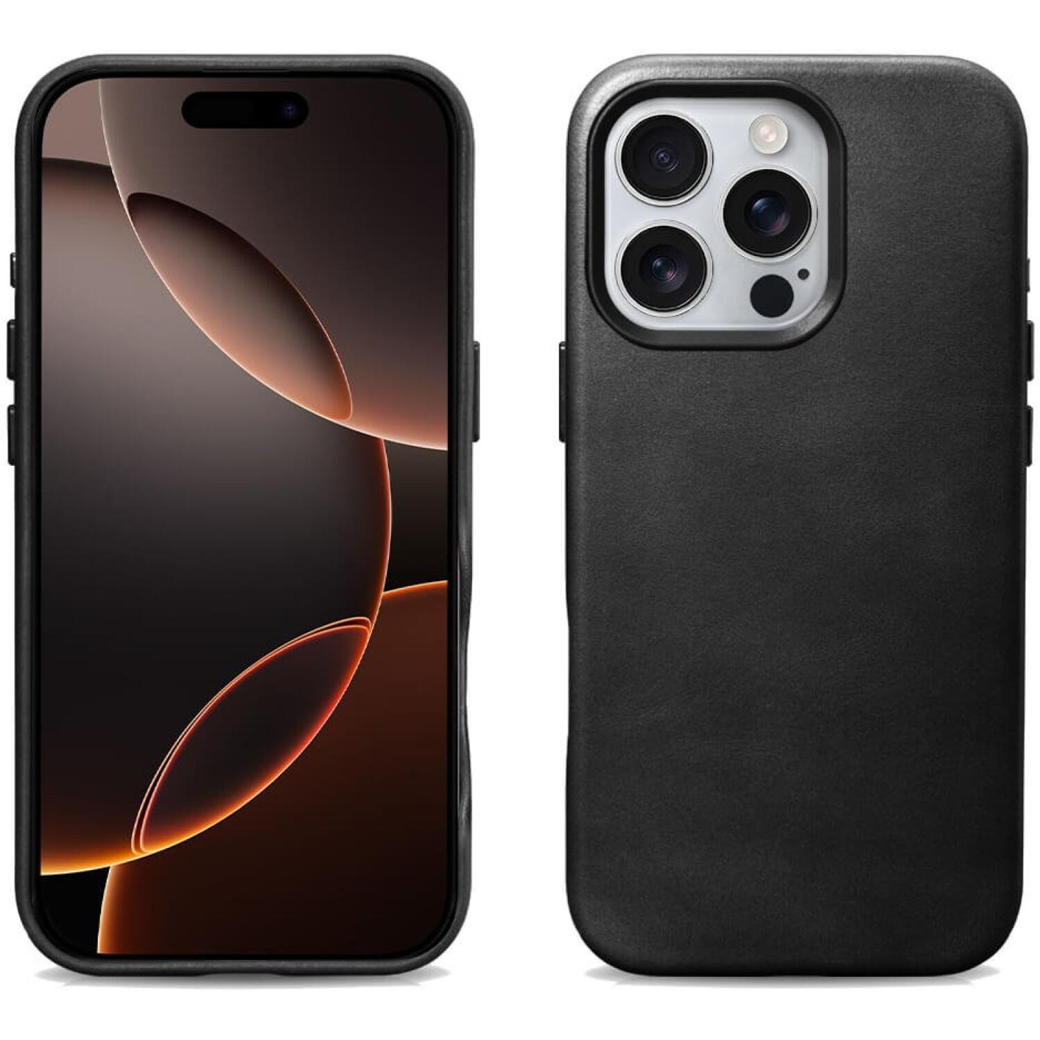 Θήκη iPhone 16 Pro Max iCarer Leather Back Case With Camera Button Δερμάτινη με MagSafe & Μεταλλικό Πλαίσιο Κάμερας Black