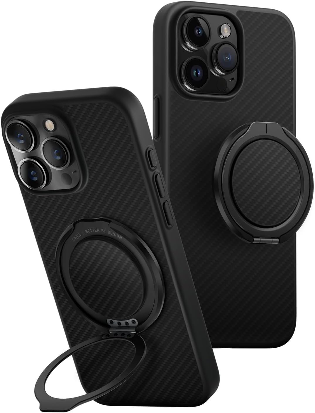 Θήκη iPhone 16 Pro Max Uniq Keva Air + GripFit Σετ Ανθεκτική MagSafe Aramid Fiber με Μαγνητική Βάση / Finger Holder Carbon Black