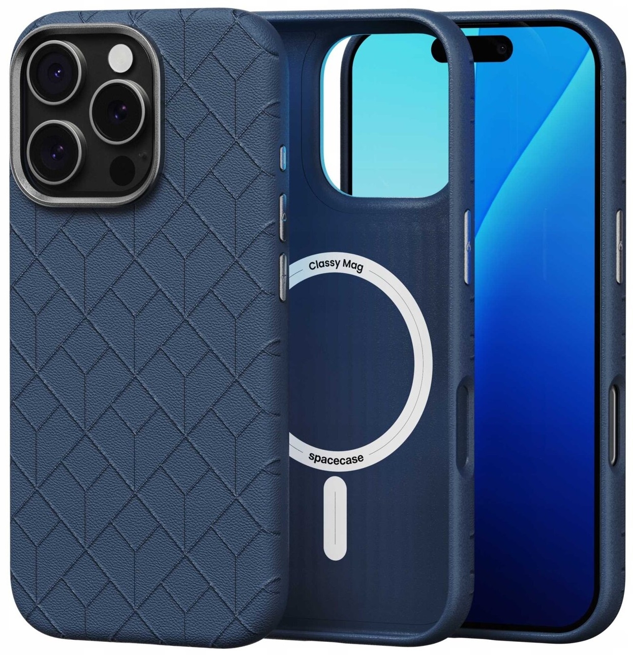 Θήκη iPhone 16 Pro Spacecase Classy Mag Σκληρή από Οικολογικό Δέρμα με MagSafe Dark Blue