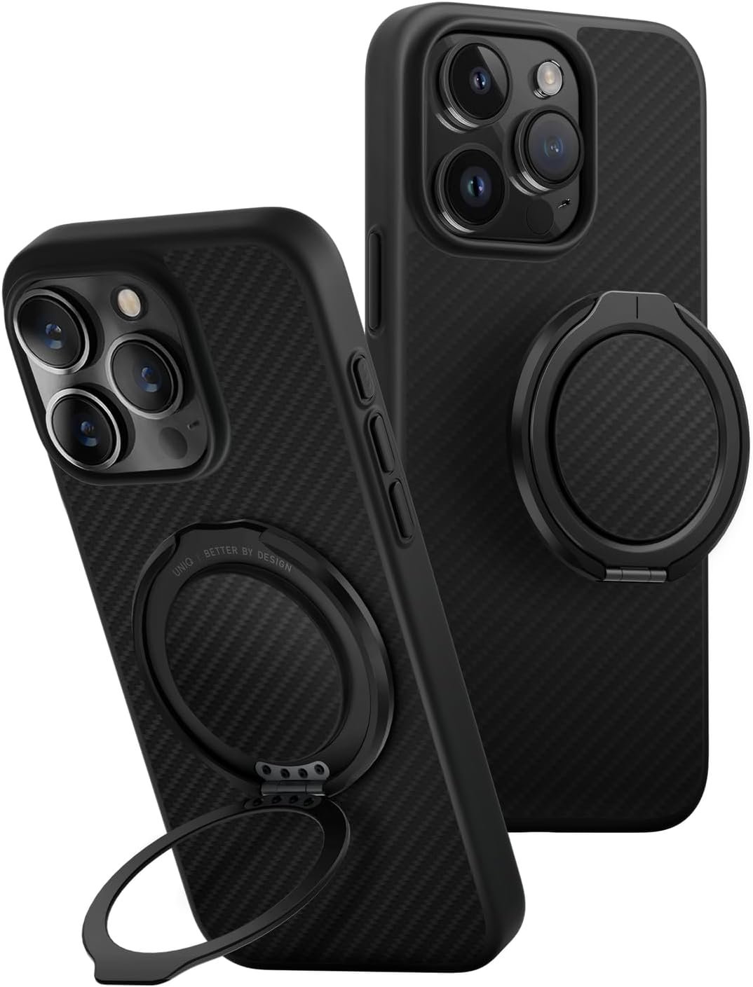 Θήκη iPhone 16 Pro Uniq Keva Air + GripFit Σετ Ανθεκτική MagSafe Aramid Fiber με Μαγνητική Βάση / Finger Holder Carbon Black