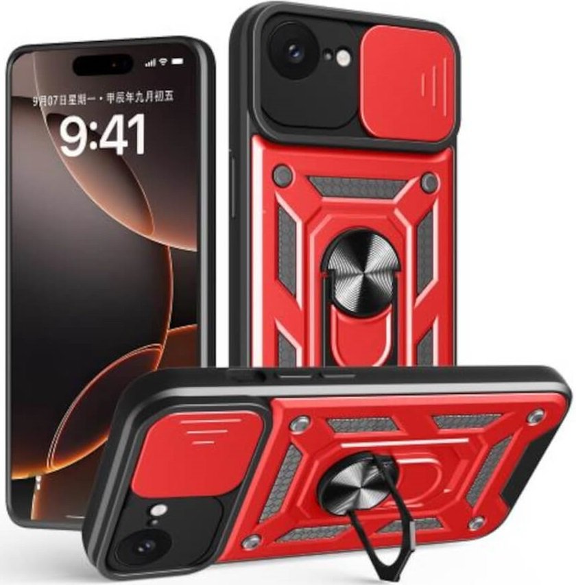 Θήκη iPhone 16e Bodycell Armor Slide Ανθεκτική με Κάλυμμα για την Κάμερα & Μεταλλικό Ring Holder Red