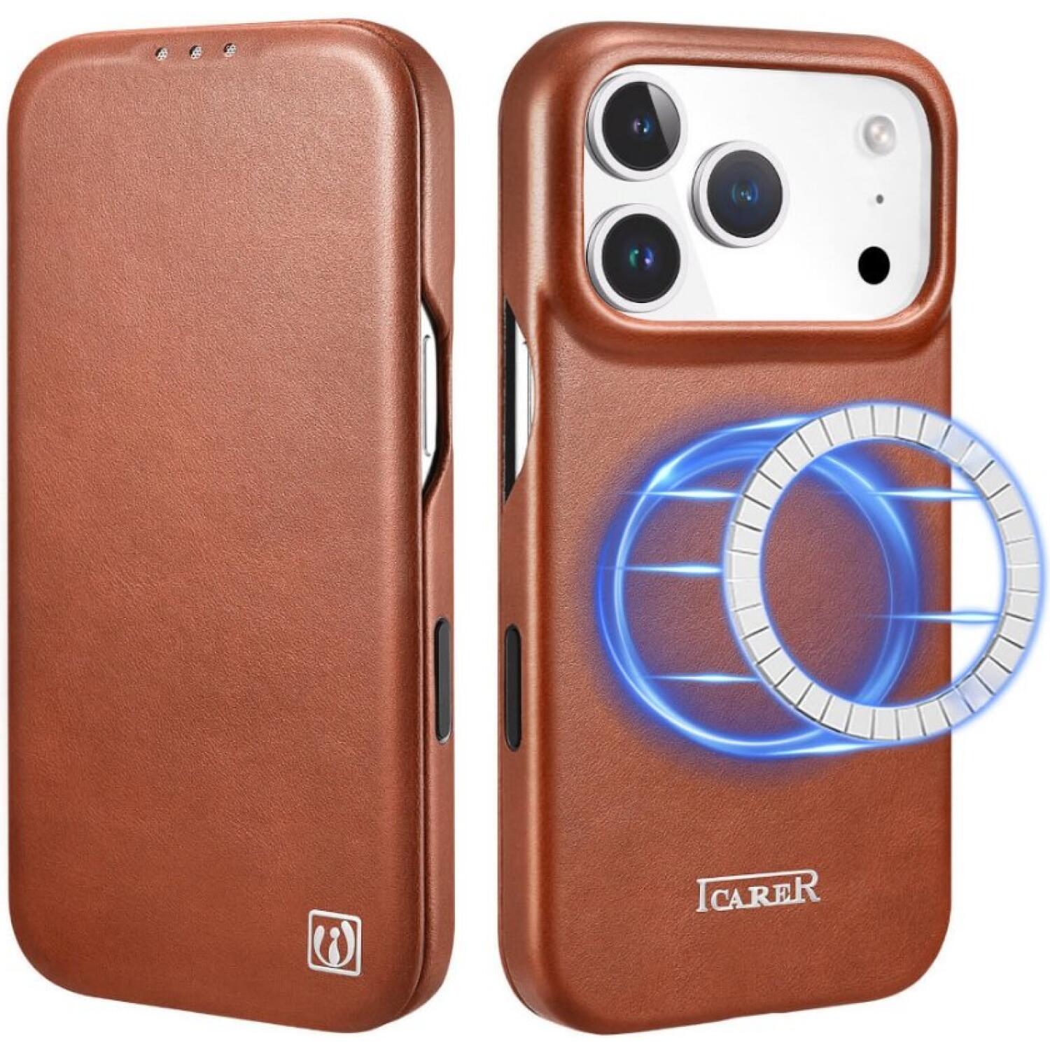 Θήκη iPhone 17 Pro Max iCarer Curved Edge Leather Folio with Magsafe Δερμάτινη Flip με MagSafe Retro Brown