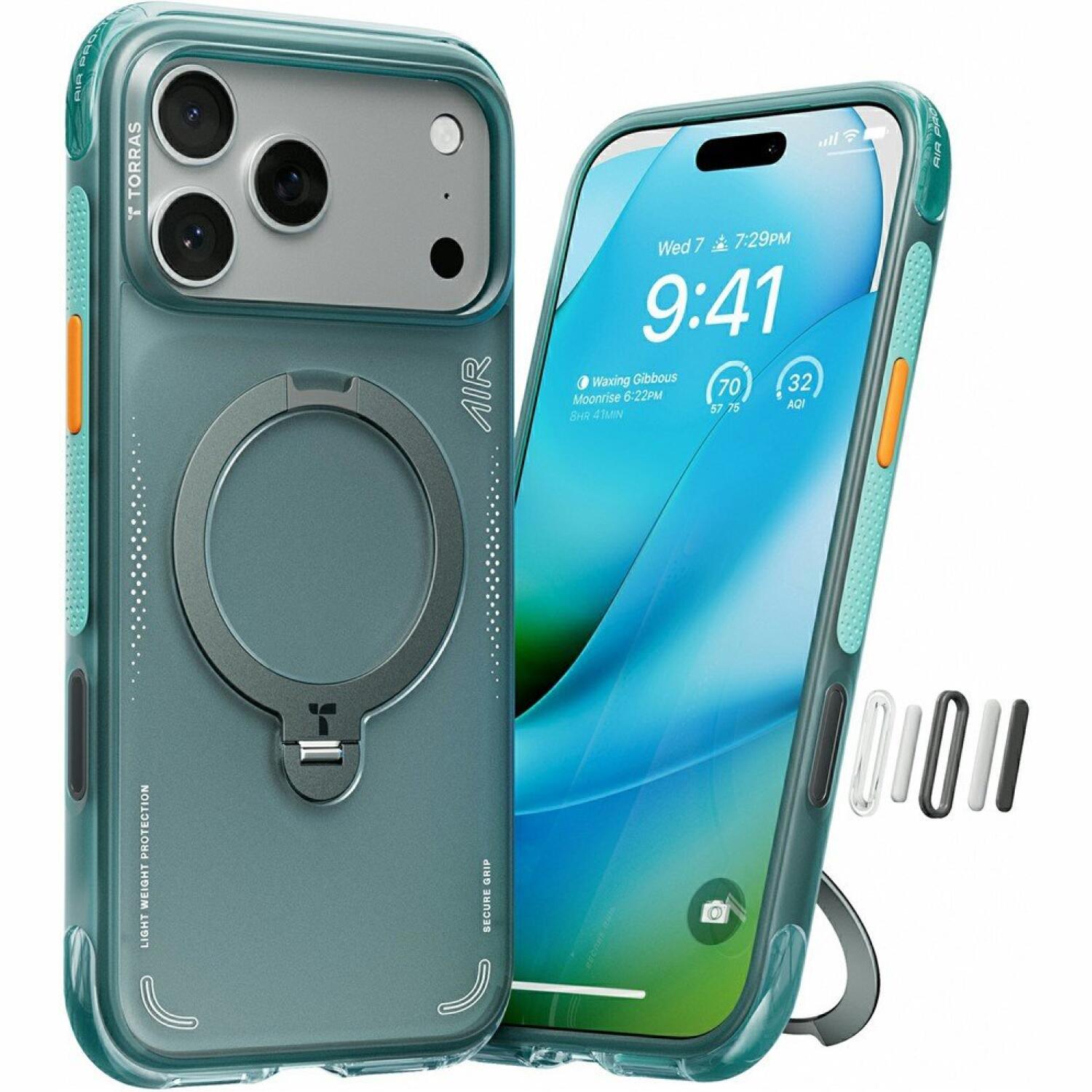 Θήκη iPhone 17 Pro Max Torras Ostand Spin Air Ανθεκτική Ημιδιάφανη με MagSafe & KickStand Glacier Sprint