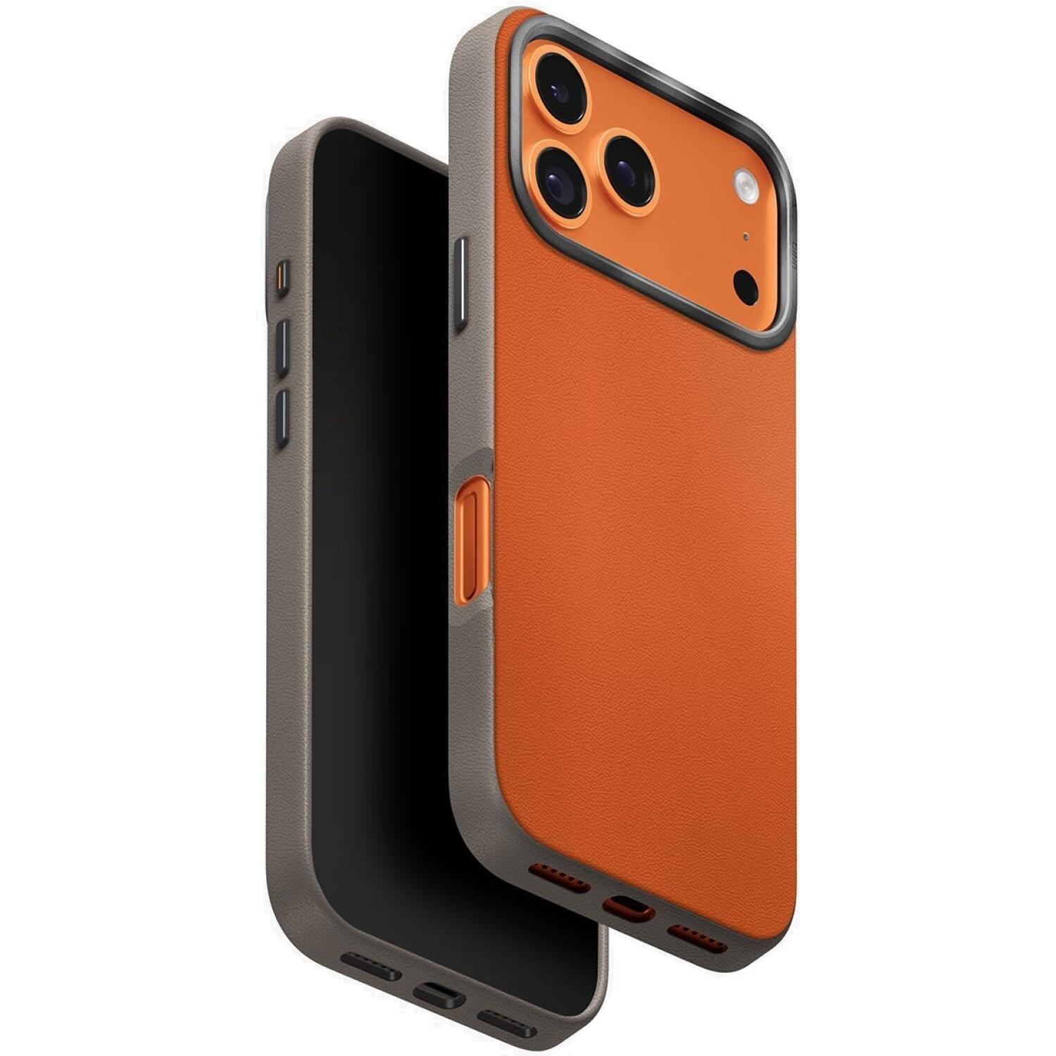 Θήκη iPhone 17 Pro Uniq Lyden Duo Series MagClick Ανθεκτική με MagSafe από Premium Vegan Δέρμα & Μεταλλικό Πλαίσιο Κάμερας Flame Orange / Flint Grey