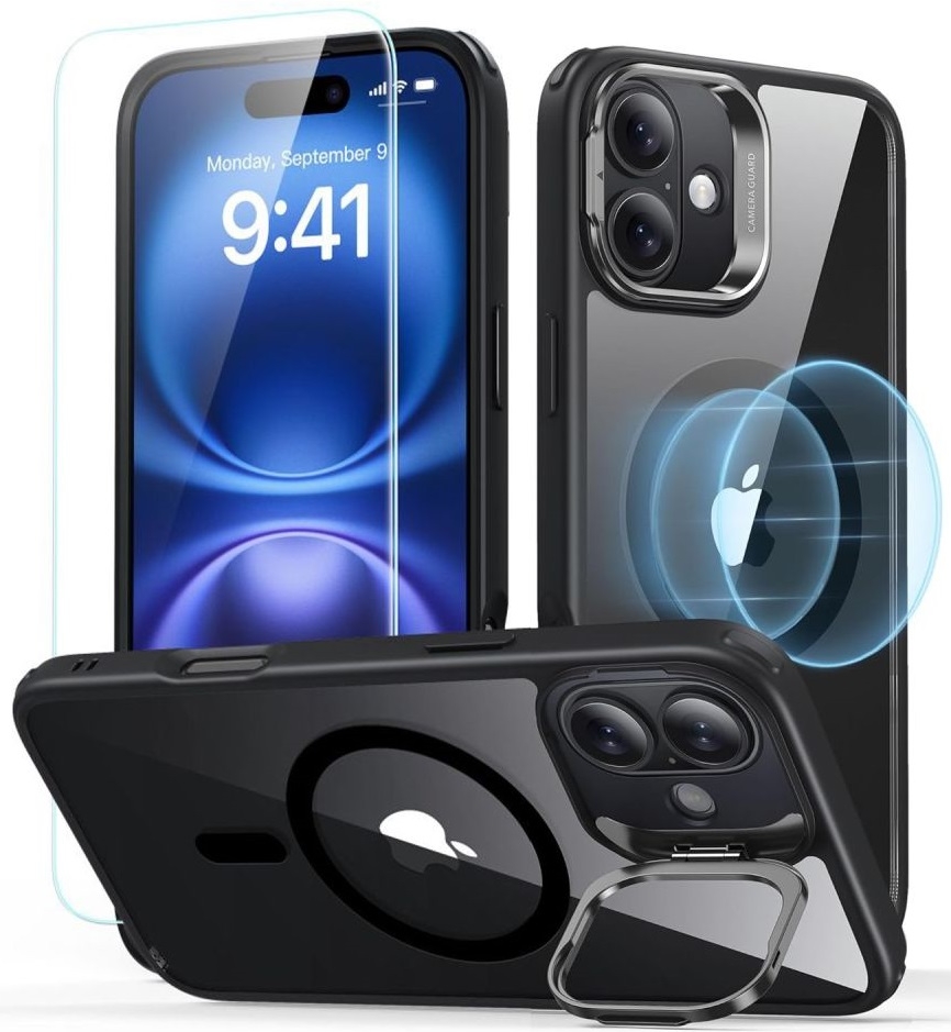 Θήκη & Αντιχαρακτικό Γυαλί Προστασίας Apple iPhone 16 - ESR Classic Hybrid HaloLock with Stash Stand Σετ Ανθεκτική MagSafe & Tempered Glass Οθόνης με KickStand - Clear / Black