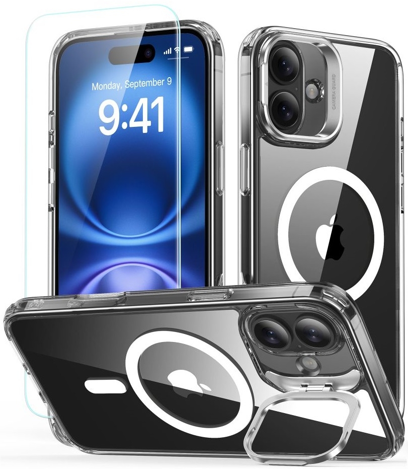 Θήκη & Αντιχαρακτικό Γυαλί Προστασίας Apple iPhone 16 - ESR Classic Hybrid HaloLock with Stash Stand Σετ Ανθεκτική MagSafe & Tempered Glass Οθόνης με KickStand - Clear