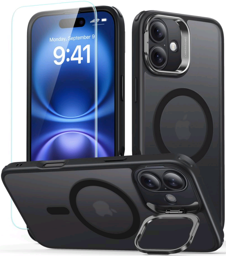 Θήκη & Αντιχαρακτικό Γυαλί Προστασίας Apple iPhone 16 - ESR Classic Hybrid HaloLock with Stash Stand Σετ Ανθεκτική MagSafe & Tempered Glass Οθόνης με KickStand - Frosted Black