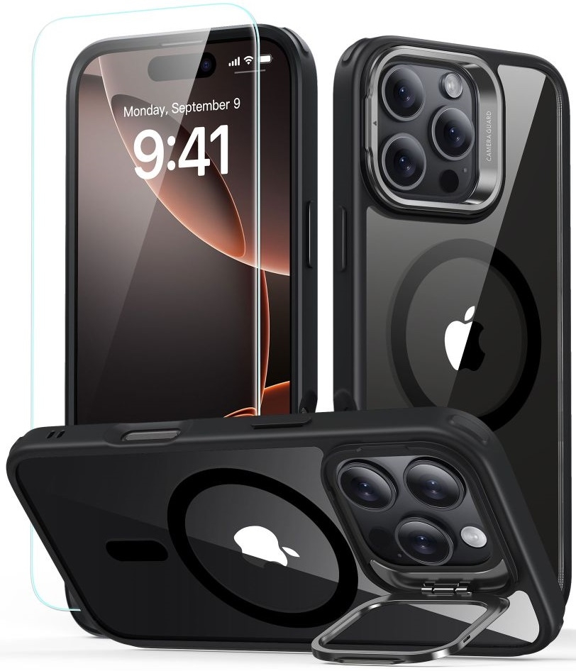 Θήκη & Αντιχαρακτικό Γυαλί Προστασίας Apple iPhone 16 Pro Max - ESR Classic Hybrid HaloLock with Stash Stand Σετ Ανθεκτική MagSafe & Tempered Glass Οθόνης με KickStand - Clear / Black 