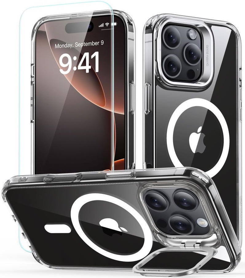 Θήκη & Αντιχαρακτικό Γυαλί Προστασίας Apple iPhone 16 Pro Max - ESR Classic Hybrid HaloLock with Stash Stand Σετ Ανθεκτική MagSafe & Tempered Glass Οθόνης με KickStand - Clear