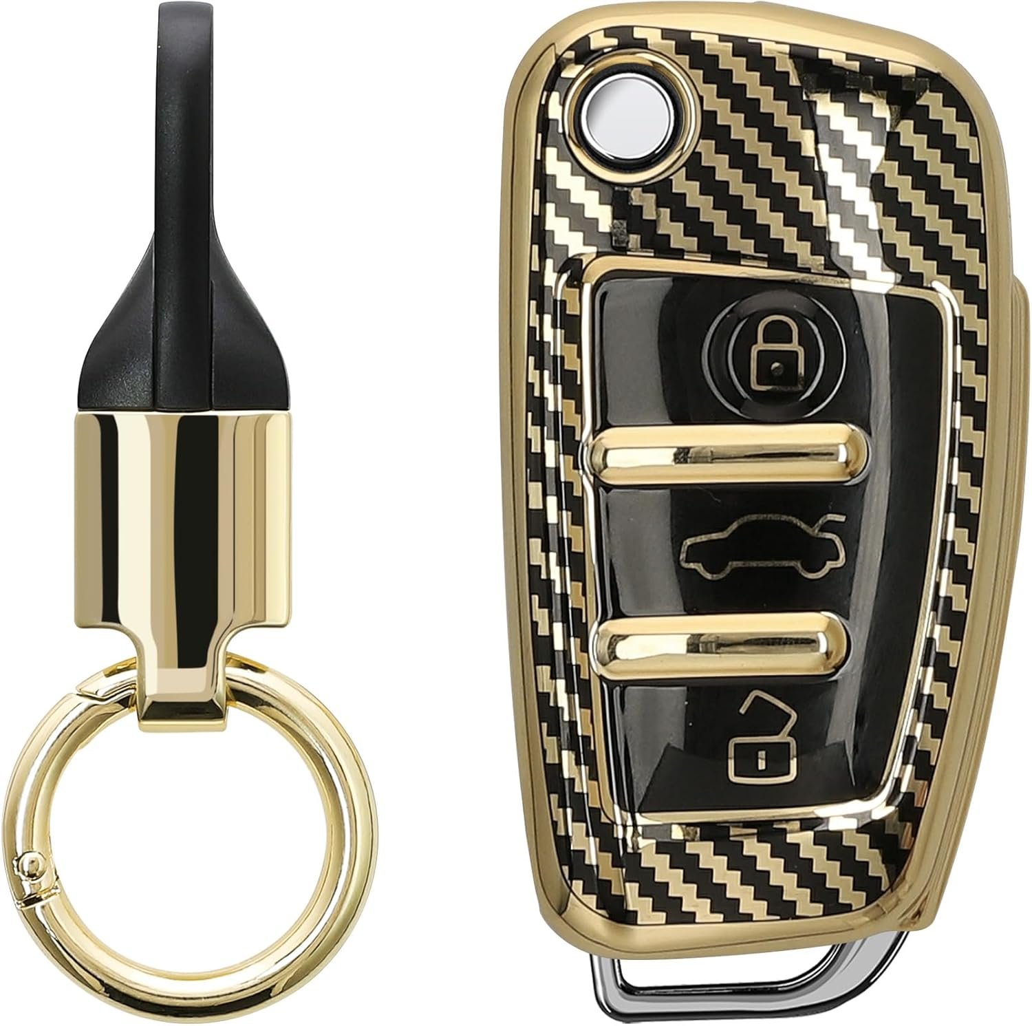 Θήκη Κλειδιού Αυτοκινήτου Audi / Seat KW Σιλικόνης με Μπρελόκ Flip Key 3 Κουμπιά Metallic Carbon Fiber / Gold / Black