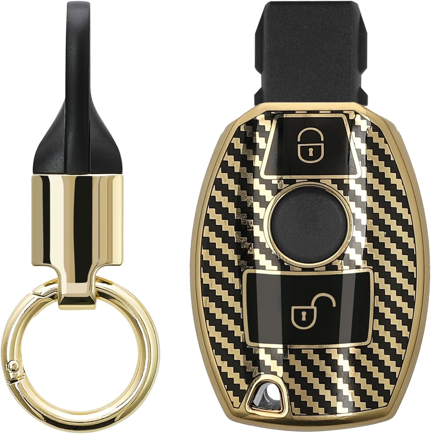 Θήκη Κλειδιού Αυτοκινήτου Mercedes KW Σιλικόνης με Μπρελόκ Only Keyless Go 2 Κουμπιά Metallic Carbon Fiber / Gold / Black