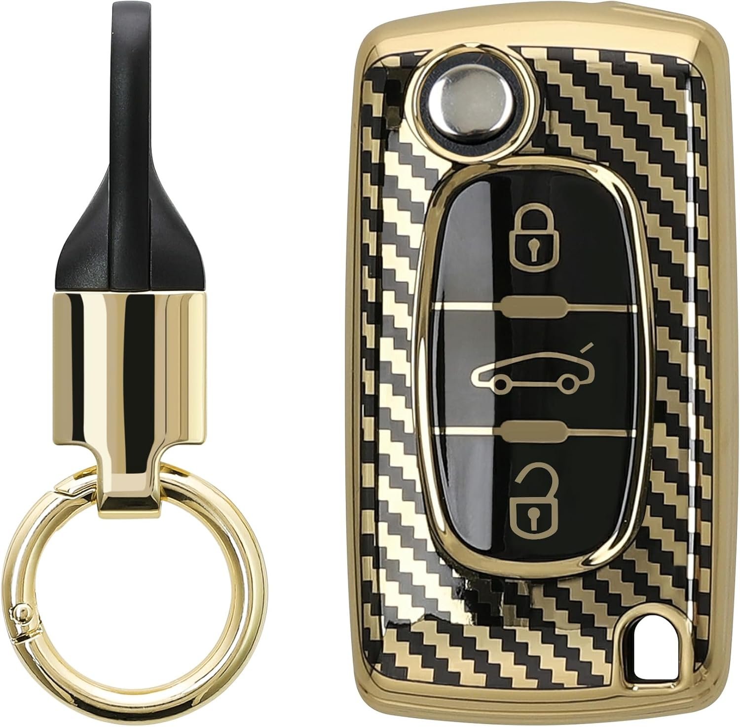 Θήκη Κλειδιού Αυτοκινήτου Peugeot / Citroen KW Σιλικόνης με Μπρελόκ 3 Κουμπιά Metallic Carbon Fiber / Gold / Black