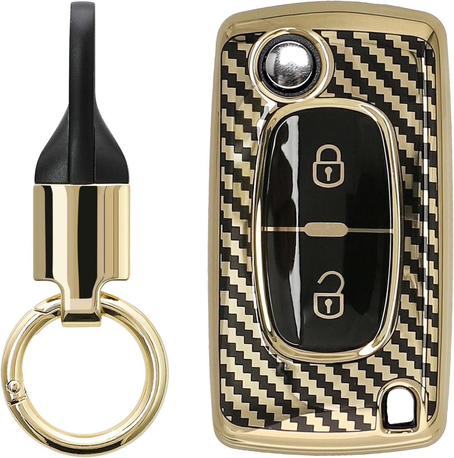 Θήκη Κλειδιού Αυτοκινήτου Peugeot / Citroen KW Σιλικόνης με Μπρελόκ Flip Key 2 Κουμπιά Metallic Carbon Fiber / Gold / Black