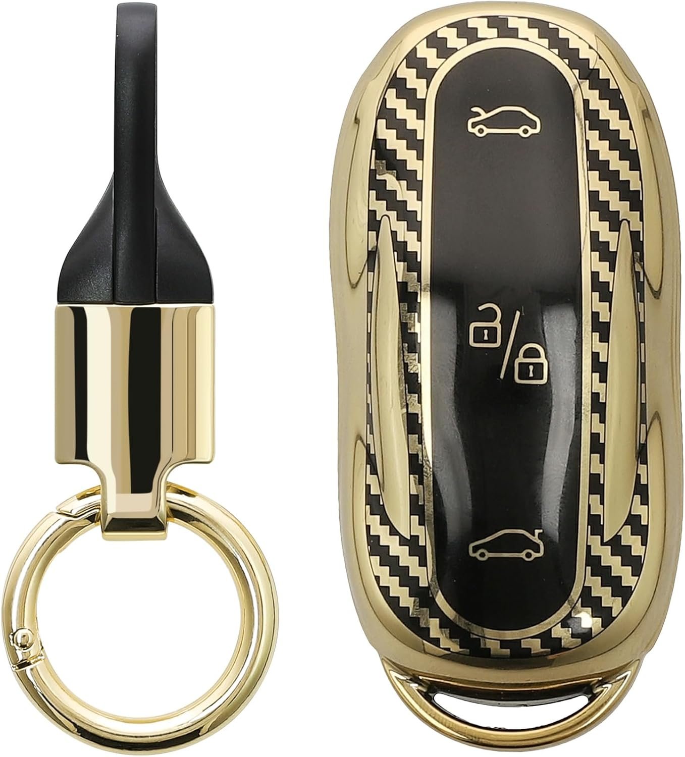 Θήκη Κλειδιού Αυτοκινήτου Tesla KW Σιλικόνης με Μπρελόκ για Model S / Y / 3 Metallic Carbon Fiber / Gold / Black
