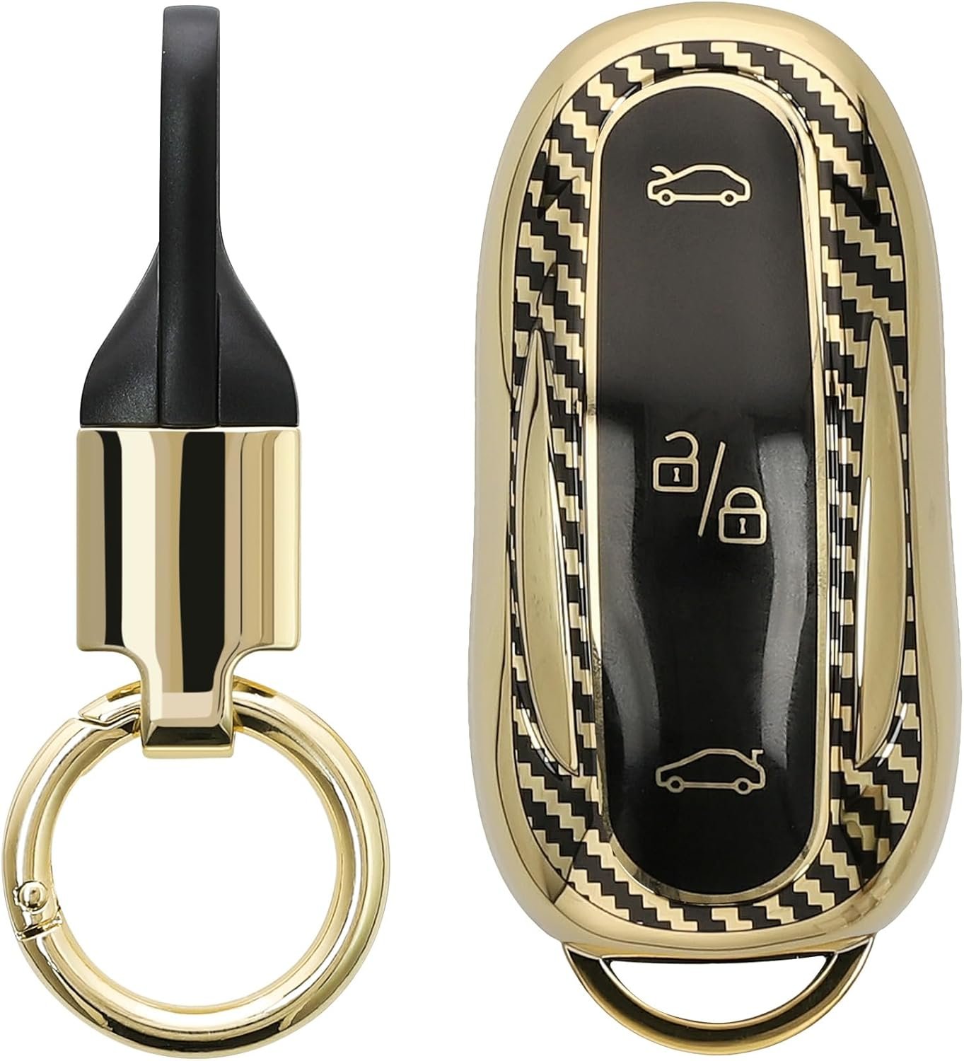 Θήκη Κλειδιού Αυτοκινήτου Tesla KW Σιλικόνης με Μπρελόκ Metallic Carbon Fiber / Gold / Black