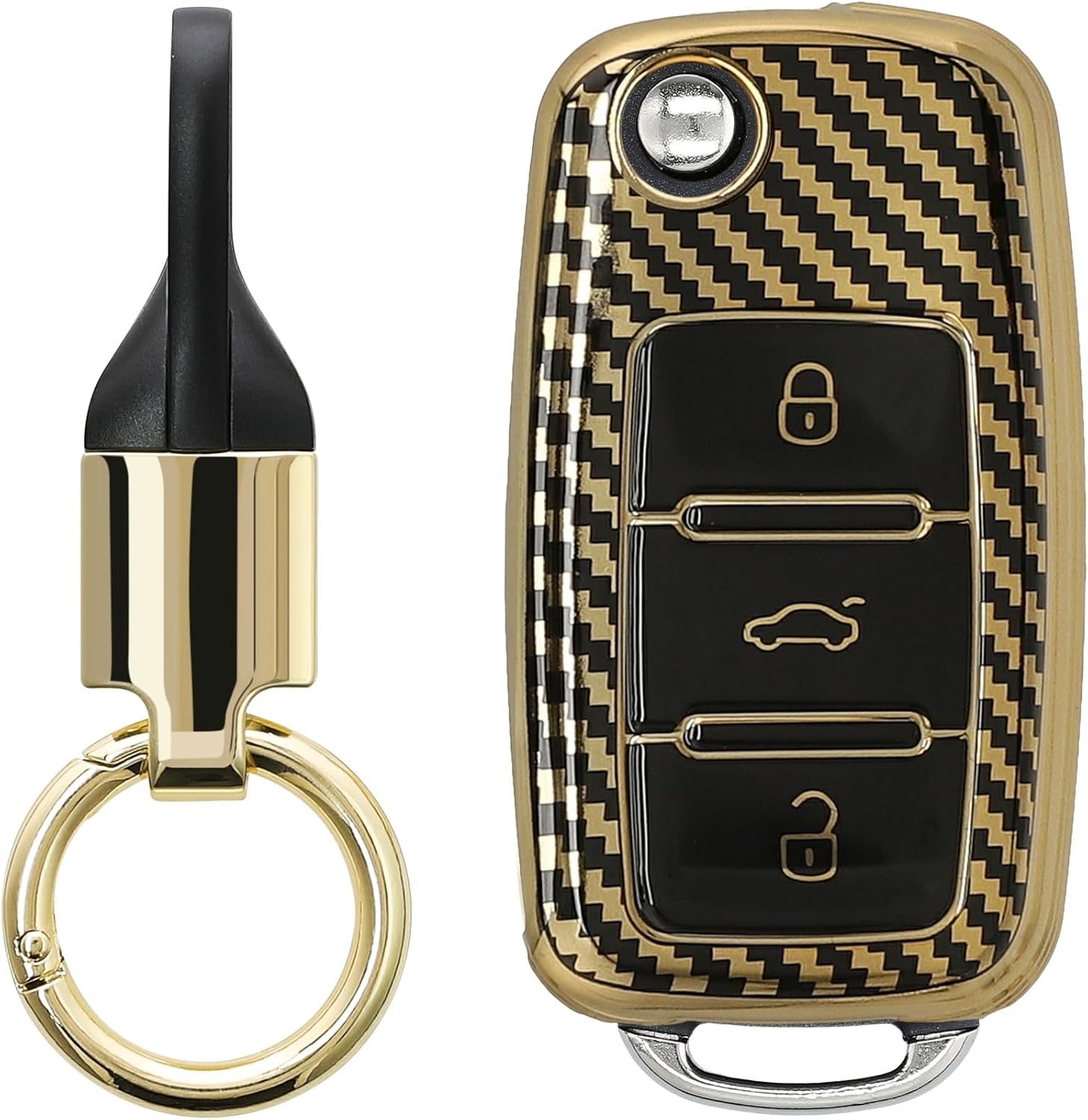 Θήκη Κλειδιού Αυτοκινήτου Volkswagen / Skoda / Seat KW Σιλικόνης με Μπρελόκ 3 Κουμπιά Metallic Carbon Fiber / Gold / Black