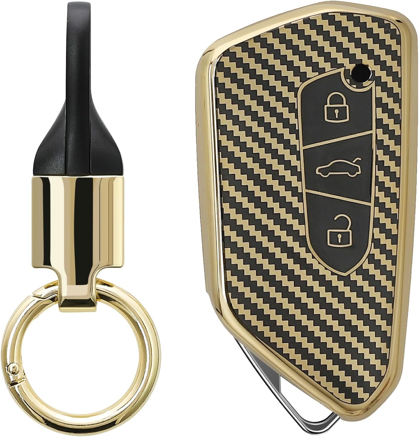 Θήκη Κλειδιού Αυτοκινήτου Volkswagen / Skoda / Seat / Cupra KW Σιλικόνης με Μπρελόκ 3 Κουμπιά Metallic Carbon Fiber / Gold / Black