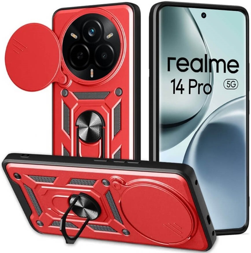 Θήκη Realme 14 Pro Bodycell Armor Slide Ανθεκτική με Κάλυμμα για την Κάμερα & Μεταλλικό Ring Holder - Red (5206015080265)