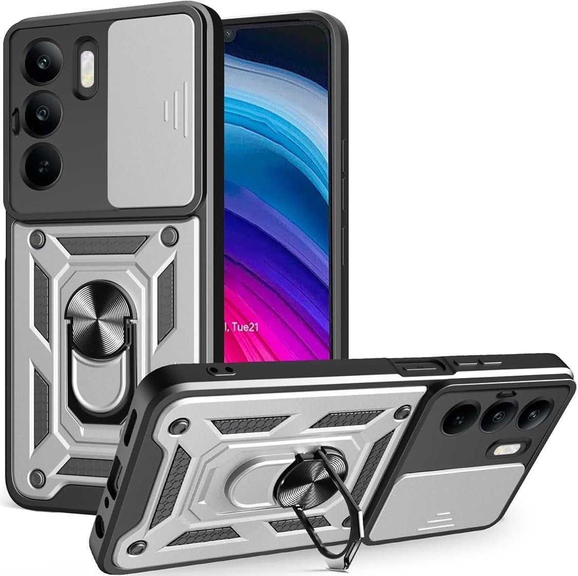 Θήκη Realme C75 Bodycell Armor Slide Ανθεκτική με Κάλυμμα για την Κάμερα & Μεταλλικό Ring Holder Silver