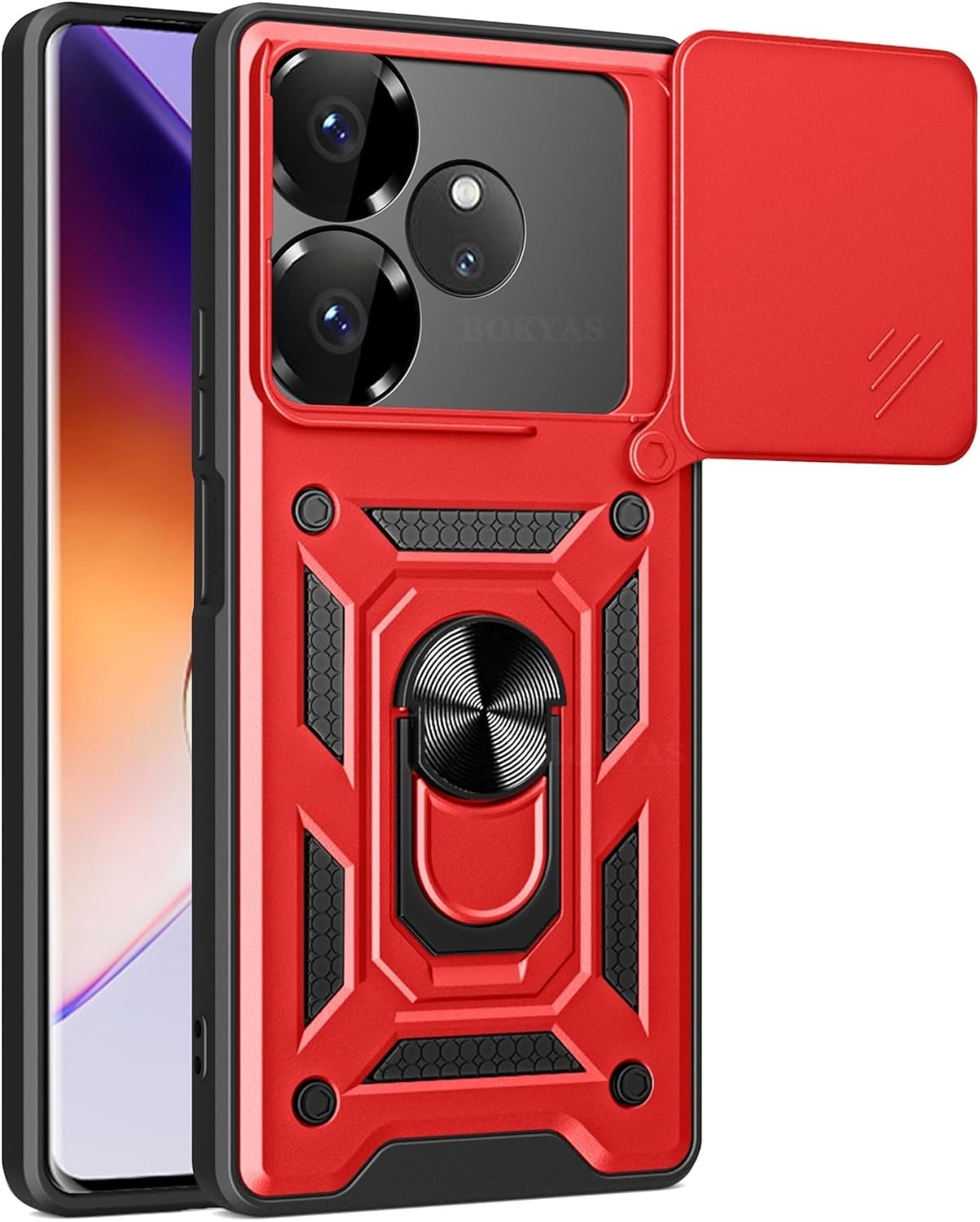Θήκη Realme GT 6 / GT 6T - Bodycell Armor Slide Ανθεκτική με Κάλυμμα για την Κάμερα & Μεταλλικό Ring Holder - Red