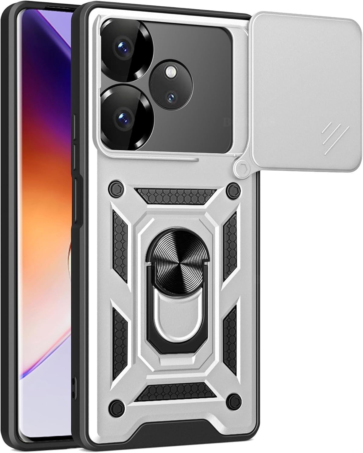 Θήκη Realme GT 6 / GT 6T - Bodycell Armor Slide Ανθεκτική με Κάλυμμα για την Κάμερα & Μεταλλικό Ring Holder - Silver