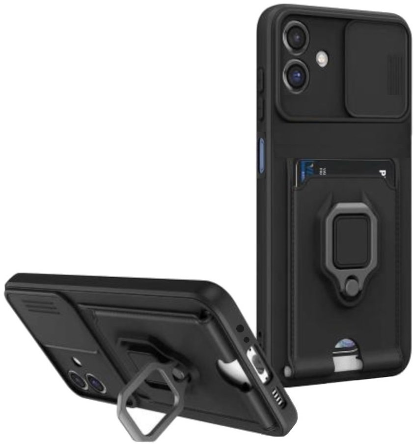 Θήκη Samsung Galaxy A06 Bodycell Multifunction με Λουράκι Λαιμού / Κάλυμμα Κάμερας / Ring Holder & Υποδοχή Κάρτας Black
