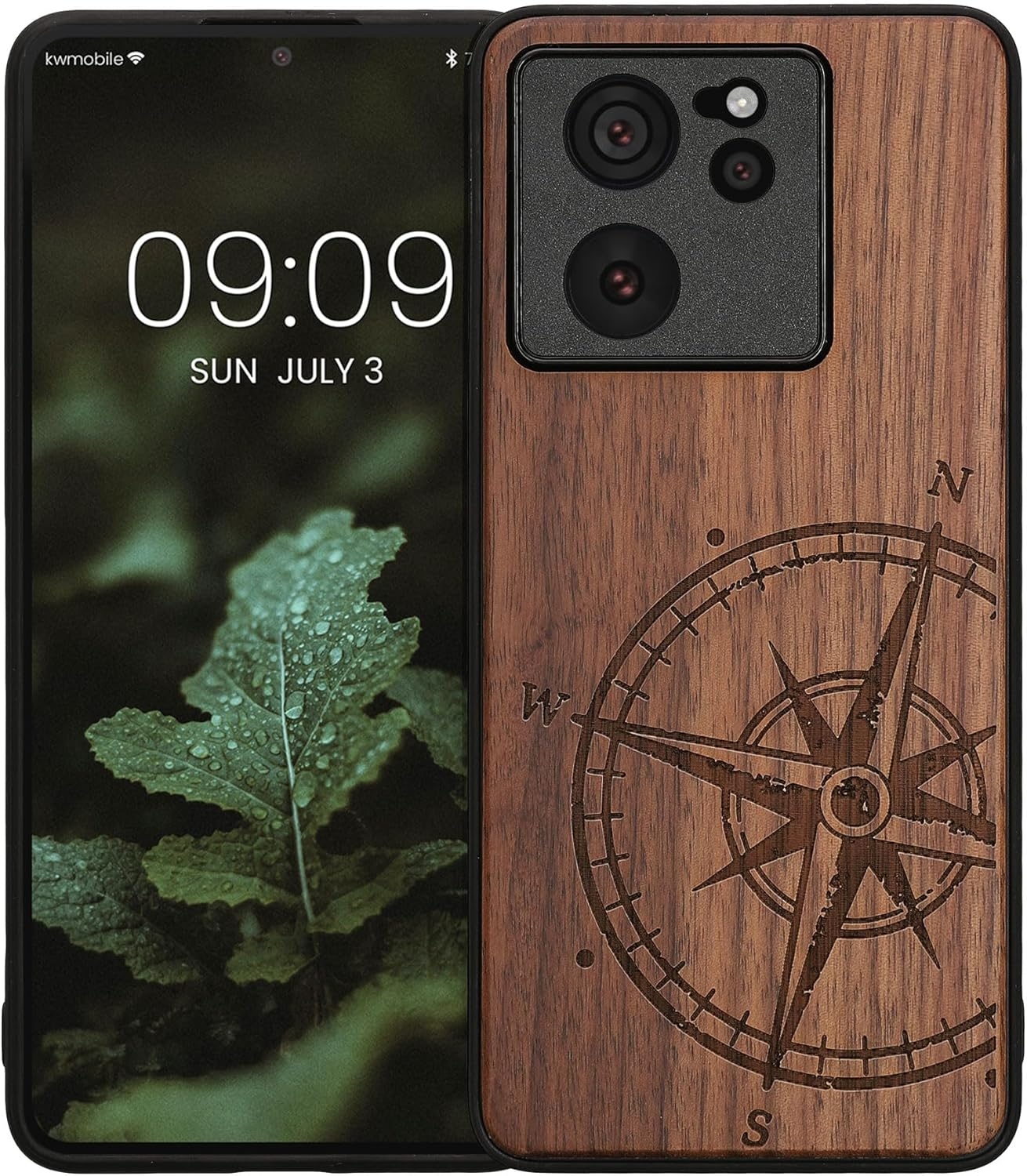 Θήκη Xiaomi 13T / 13T Pro - KWmobile Wood Case Σκληρή Ξύλινη με TPU Bumper - Walnut / Navigational Compass