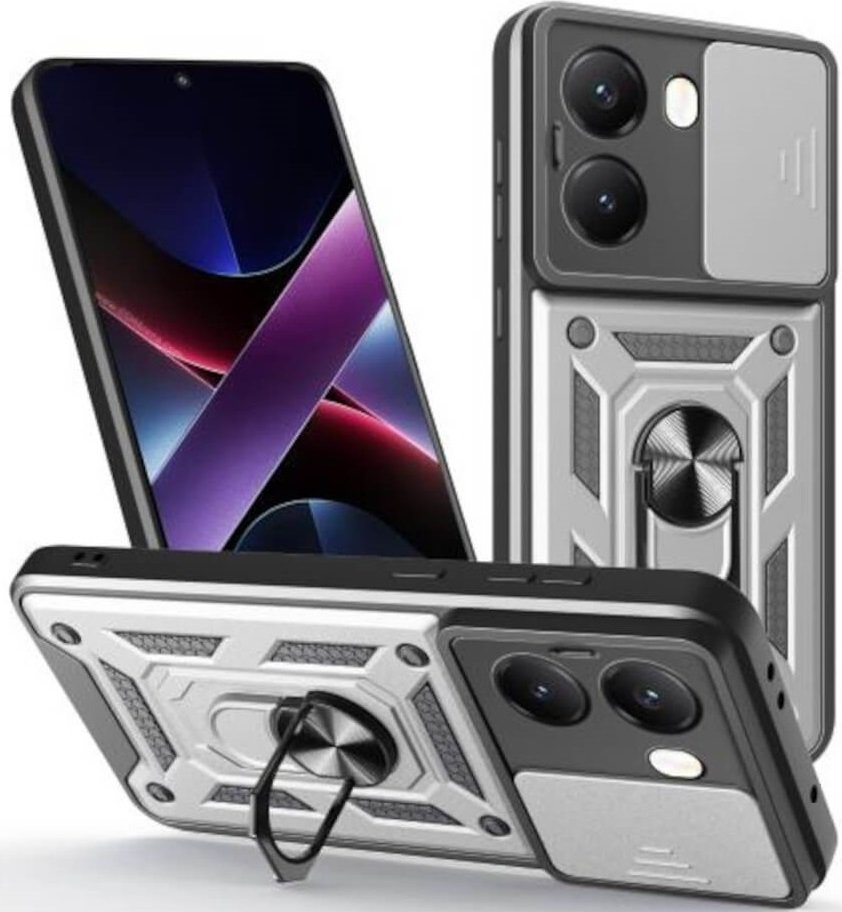 Θήκη Xiaomi Poco X7 Pro Bodycell Armor Slide Ανθεκτική με Κάλυμμα για την Κάμερα & Μεταλλικό Ring Holder Silver