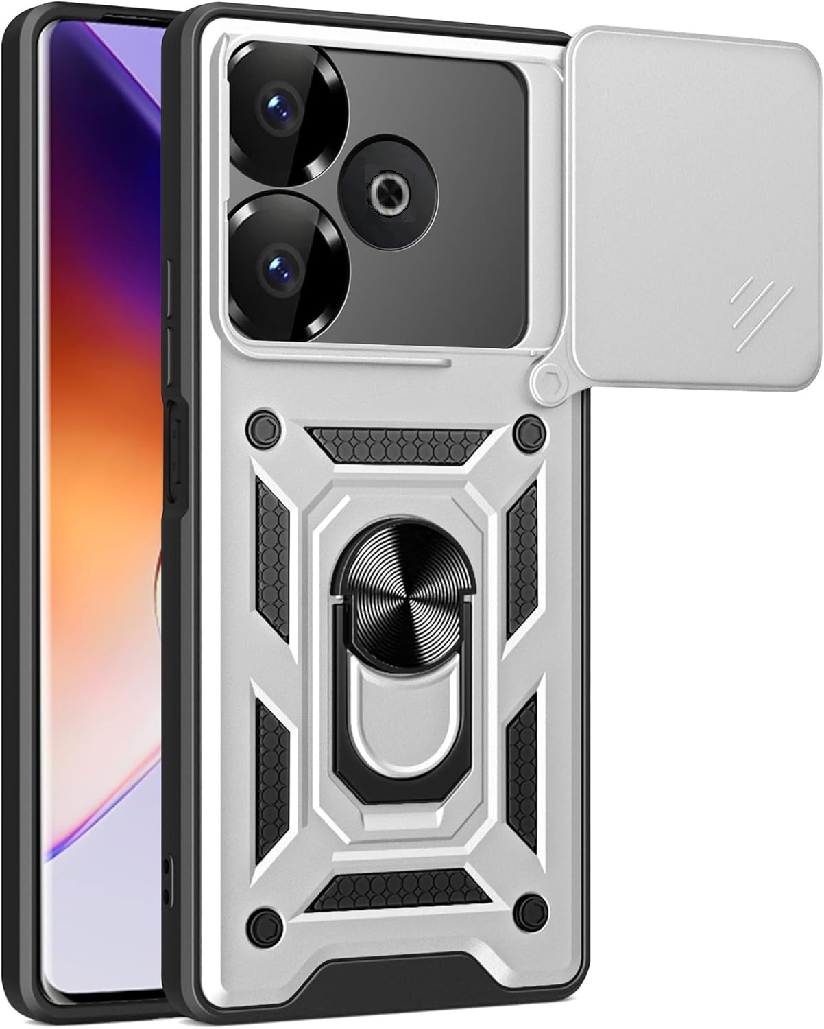 Θήκη Xiaomi Redmi 13 4G / Poco M6 4G / Poco M6 Plus 5G - Bodycell Armor Slide Ανθεκτική με Κάλυμμα για την Κάμερα & Μεταλλικό Ring Holder - Silver