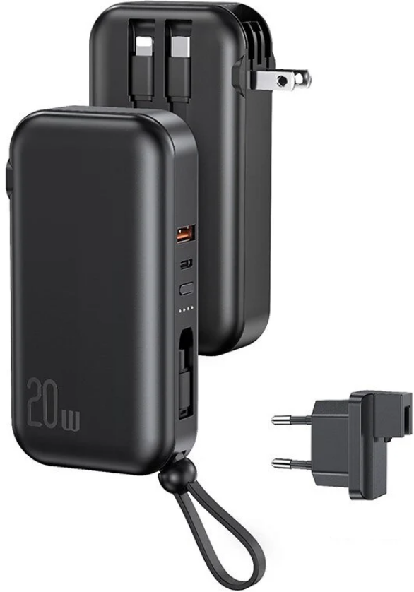 Usams 3 in 1 PB63 US-CD172 - PowerBank 10.000 mAh με Ενσωματωμένα Καλώδια Type-C / Lightning / MicroUSB - Ταχυφορτιστής Τοίχου με Βύσμα EU & US και Θύρες 1 x Type-C / 1 x USB-A - 20W - Black