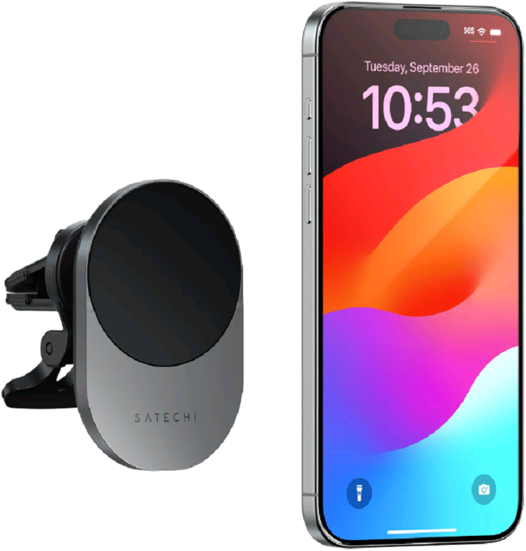 Βάση Κινητών Αυτοκινήτου Satechi Qi2 Wireless Car Charger για Αεραγωγούς με Ασύρματη Μαγνητική Φόρτιση MagSafe 15W & Φορτιστής Αυτοκινήτου 25W Space Grey