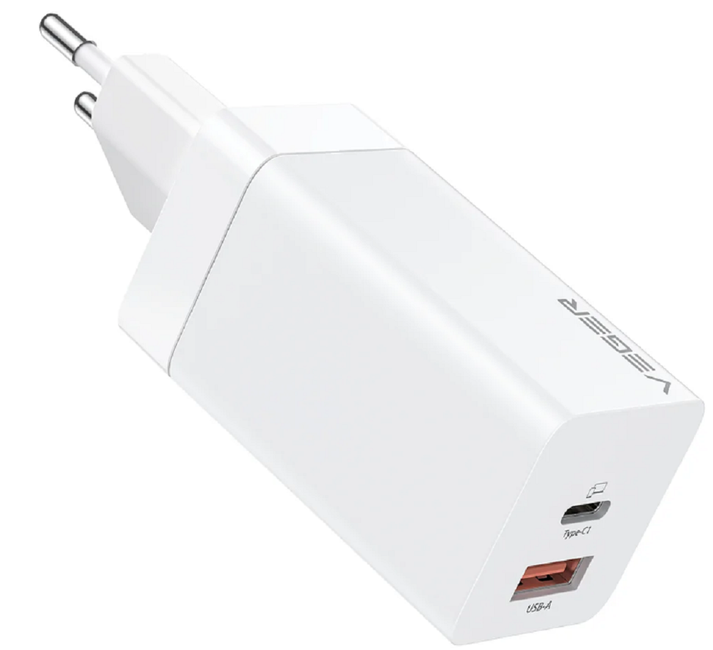 Veger Fast Charger - Ταχυφορτιστής Ταξιδιού / Αντάπτορας Με 1x Type-C / 1 x USB-A - 65W - White