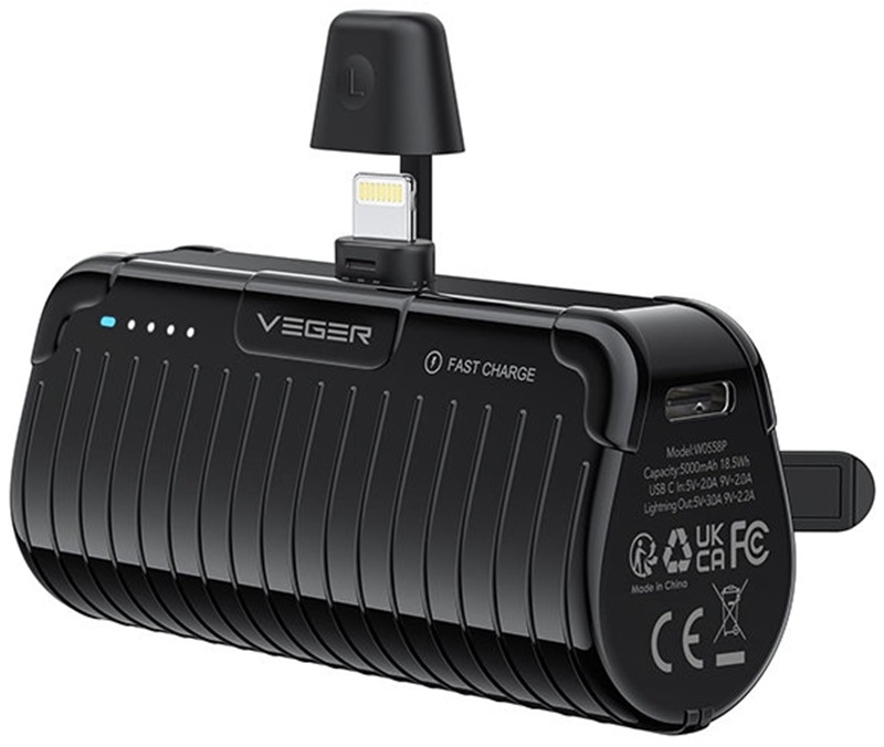 Veger PowerBank PlugOn-L Pro - Φορητή Μπαταρία Φόρτισης με Ενσωματωμένο Lightning και KickStand - 5000mAh - 20W - Black