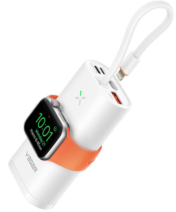 Veger W1162S Mini Fast Charger PowerBank MagFan - Φορητή Μπαταρία Φόρτισης με Kickstand - 10000 mAh με 2 x Type-C / 1 x USB-A - 25W / Ασύρματος Φορτιστής Apple Watch - 2.5W / Καλώδιο Type-C σε Lightning - White