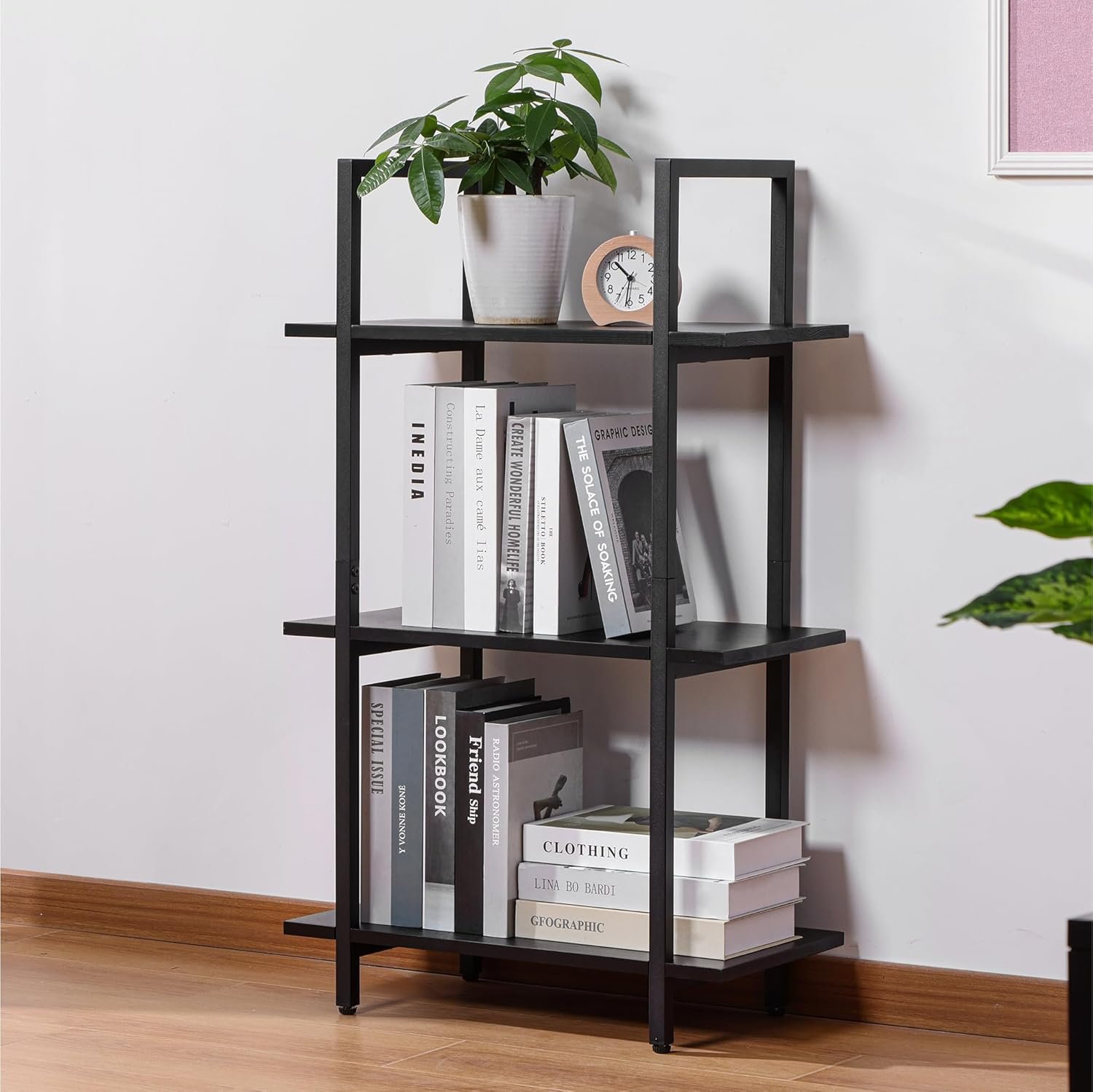 Βιβλιοθήκη Navaris Mid Century Bookcase Δαπέδου με 3 Ράφια από Ξύλο Πεύκου & Μέταλλο 57 x 95 x 28 cm Black