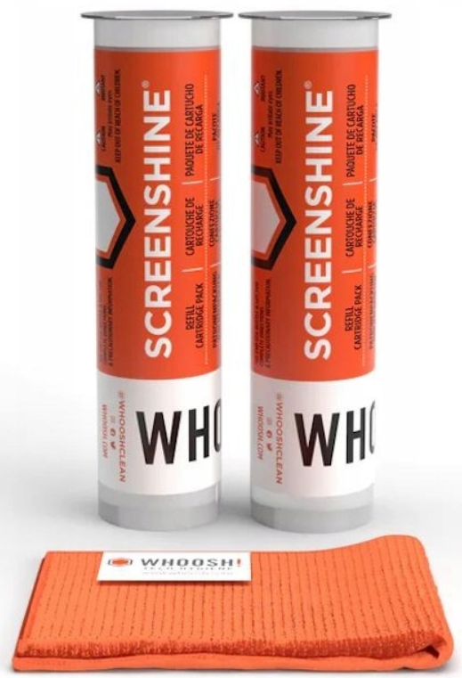 Whoosh! Screen Shine Cleaner Refill Cartridge - Σετ με 2 Ανταλλακτικά Υγρά Σπρέι Καθαρισμού Οθόνης & Συσκευών για Φιάλη Commercial Screen Shine 500 ml & 1 x Αντιμικροβιακό Πανάκι από Μικροΐνες