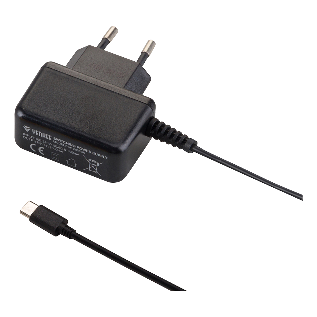 Yenkee Wall Charger με Ενσωματωμένο Καλώδιο Usb Type - C 2Α - Black